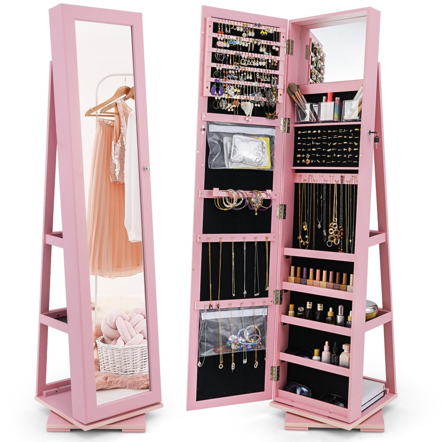 360° Rotatable 2-in-1 Lockable Jewelry Cabinet with Full-Length Mirror-Black