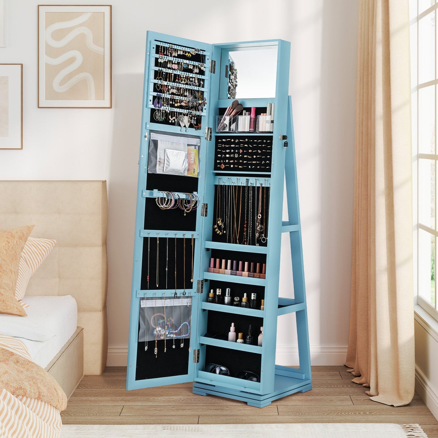 360° Rotatable 2-in-1 Lockable Jewelry Cabinet with Full-Length Mirror-Black
