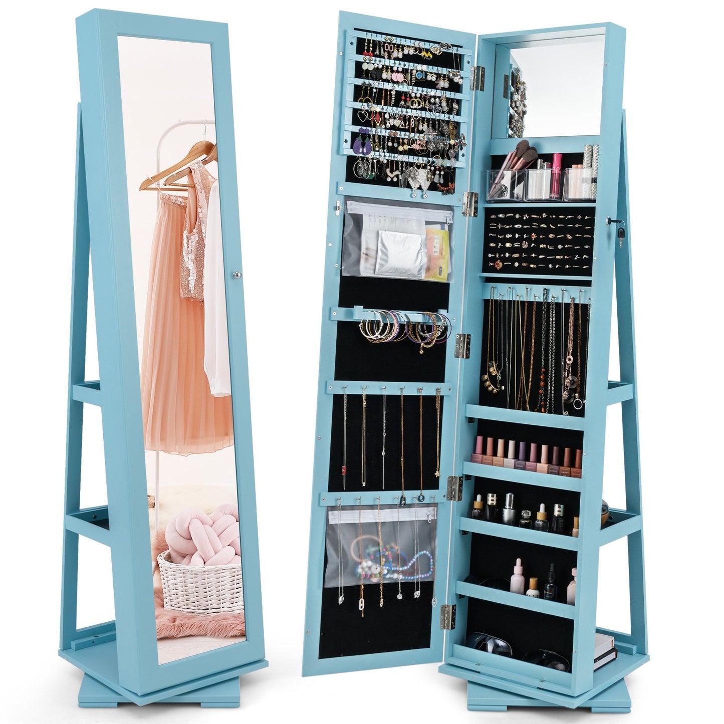 360° Rotatable 2-in-1 Lockable Jewelry Cabinet with Full-Length Mirror-Black