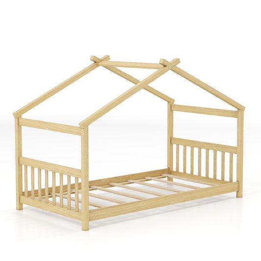 Twin Size Wooden House Bed with Roof-Natural