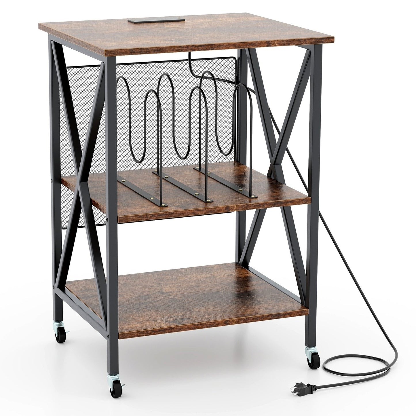 Mid-Century Record Player Stand with Built-in Charging Station-Gray