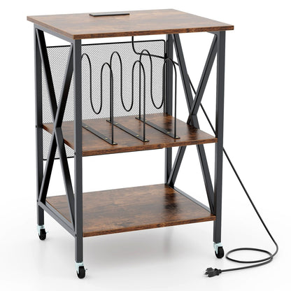 Mid-Century Record Player Stand with Built-in Charging Station-Gray