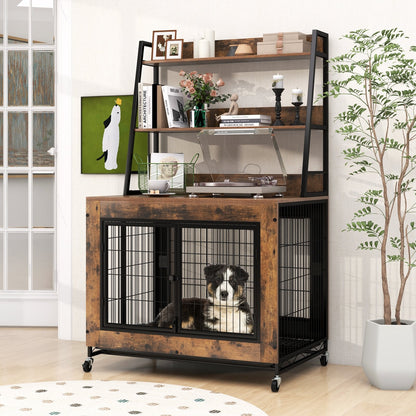 Industrial Dog Kennel Dog Crate Furniture with Storage Shelves-Gray