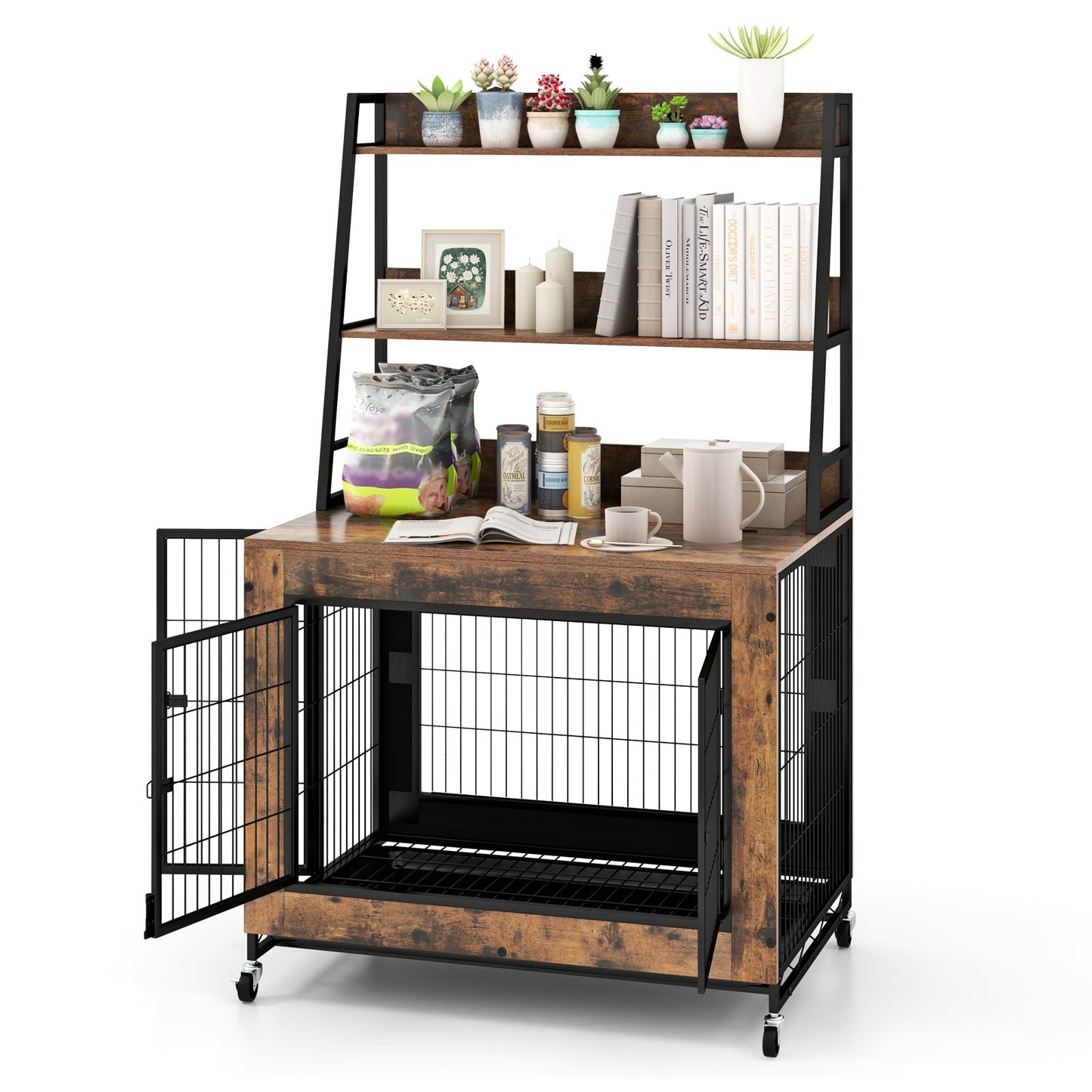 Industrial Dog Kennel Dog Crate Furniture with Storage Shelves-Gray
