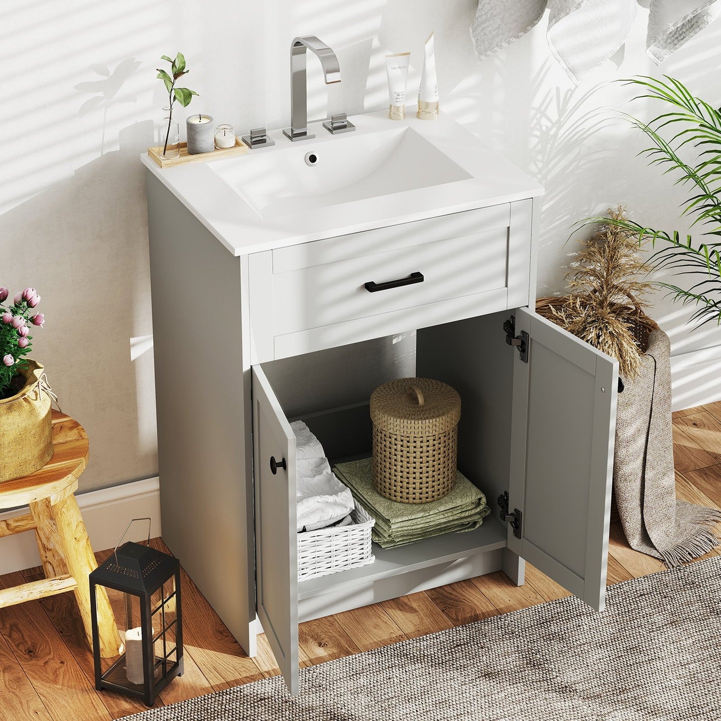 Bathroom Vanity Unit with Basin and 2 Doors-Gray