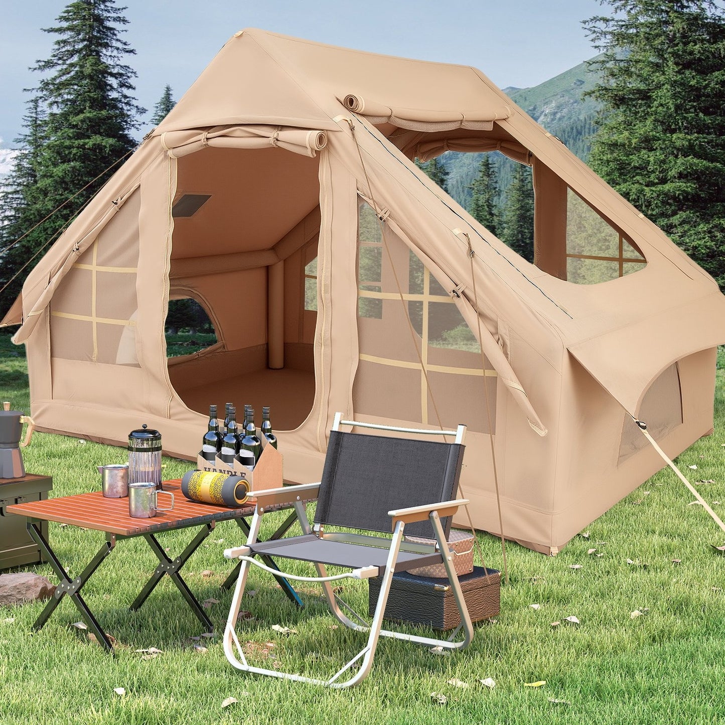 4-6 People Inflatable Camping Tent with 4 Mesh Screen Windows and 2 Doors-Green