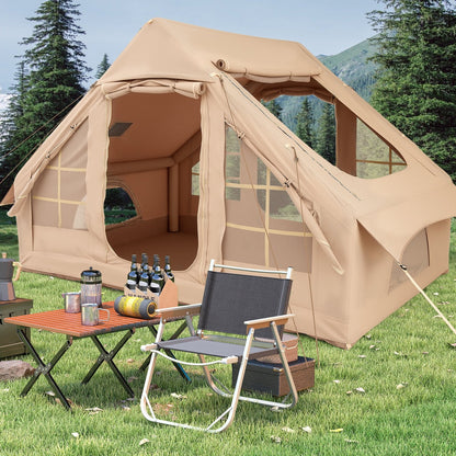 4-6 People Inflatable Camping Tent with 4 Mesh Screen Windows and 2 Doors-Green