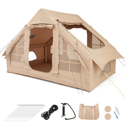 4-6 People Inflatable Camping Tent with 4 Mesh Screen Windows and 2 Doors-Green