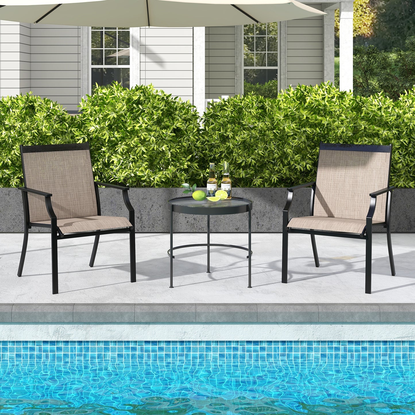 2 Piece Patio Dining Chairs Large Outdoor Chairs with Breathable Seat and Metal Frame-Blue