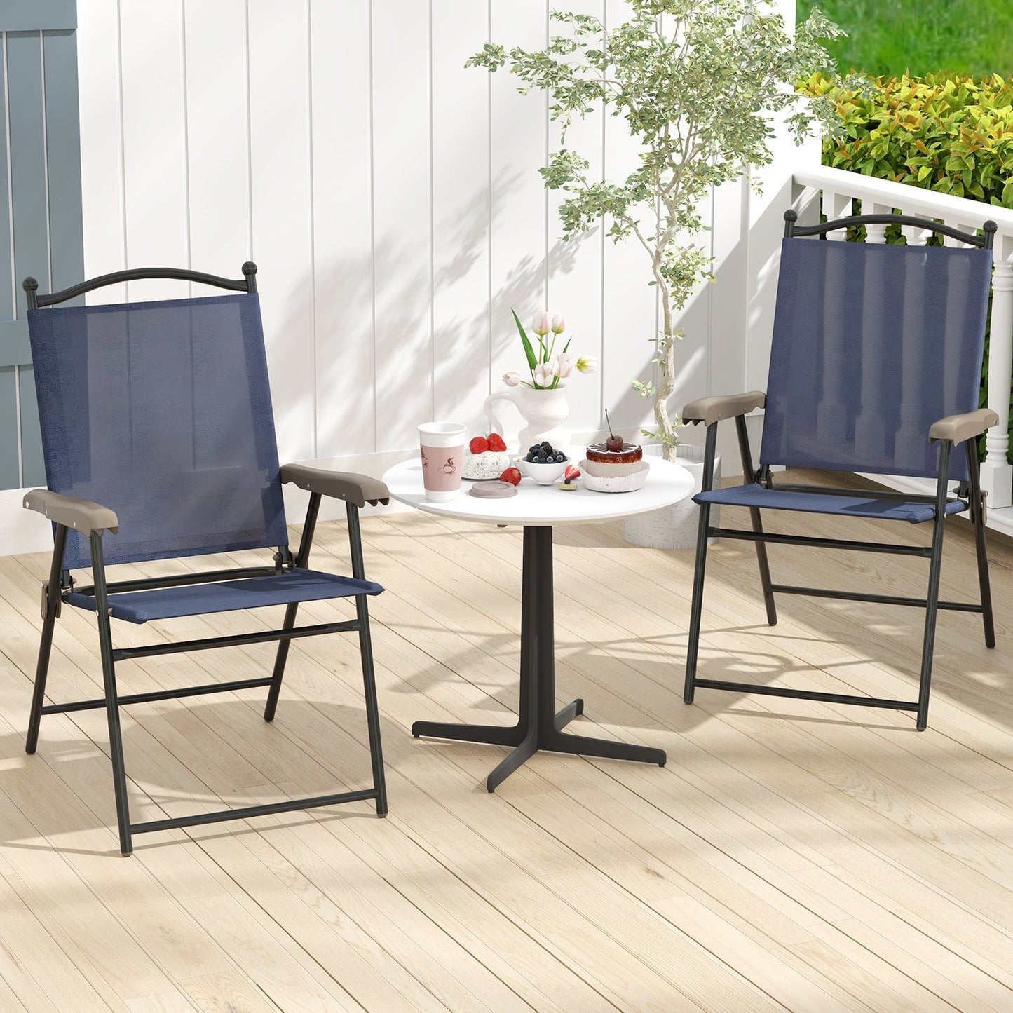 Set of 2 Patio Folding Sling Back Camping Deck Chairs-Beige