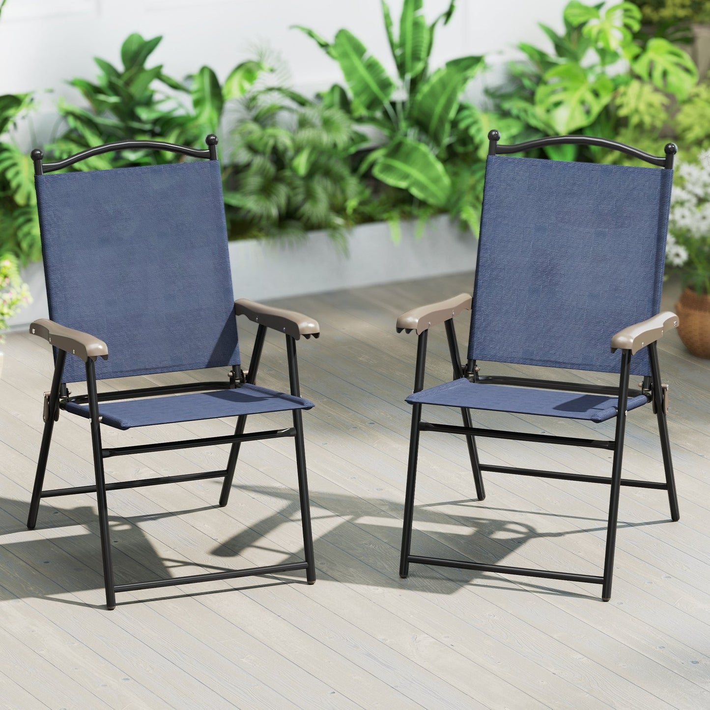 Set of 2 Patio Folding Sling Back Camping Deck Chairs-Beige