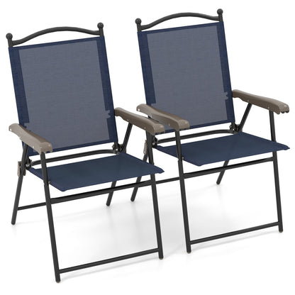 Set of 2 Patio Folding Sling Back Camping Deck Chairs-Beige