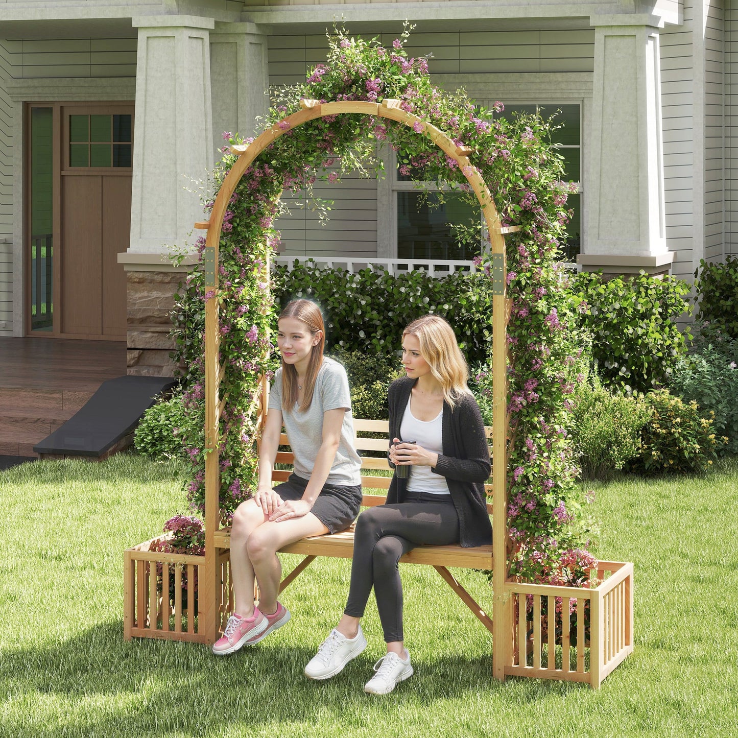 Garden Bench Arbor Arch Wooden Garden Arbor for Climbing Plants-Natural