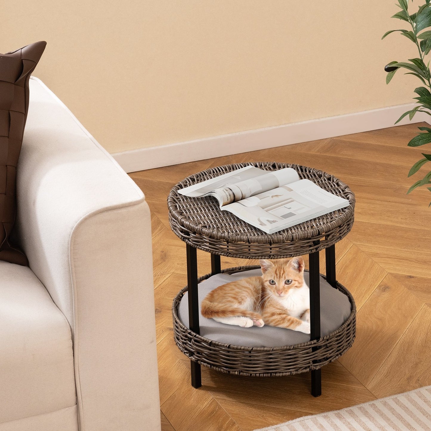 2-tier Rattan Cat Nest with Removable Padded Cushion-Gray
