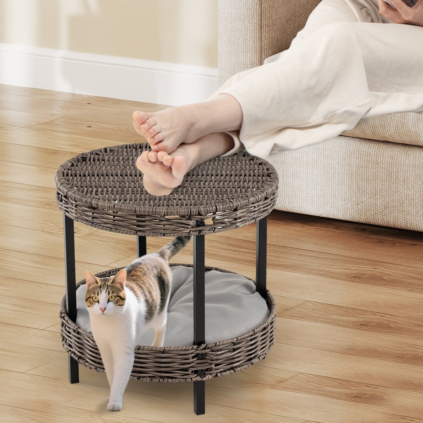 2-tier Rattan Cat Nest with Removable Padded Cushion-Gray