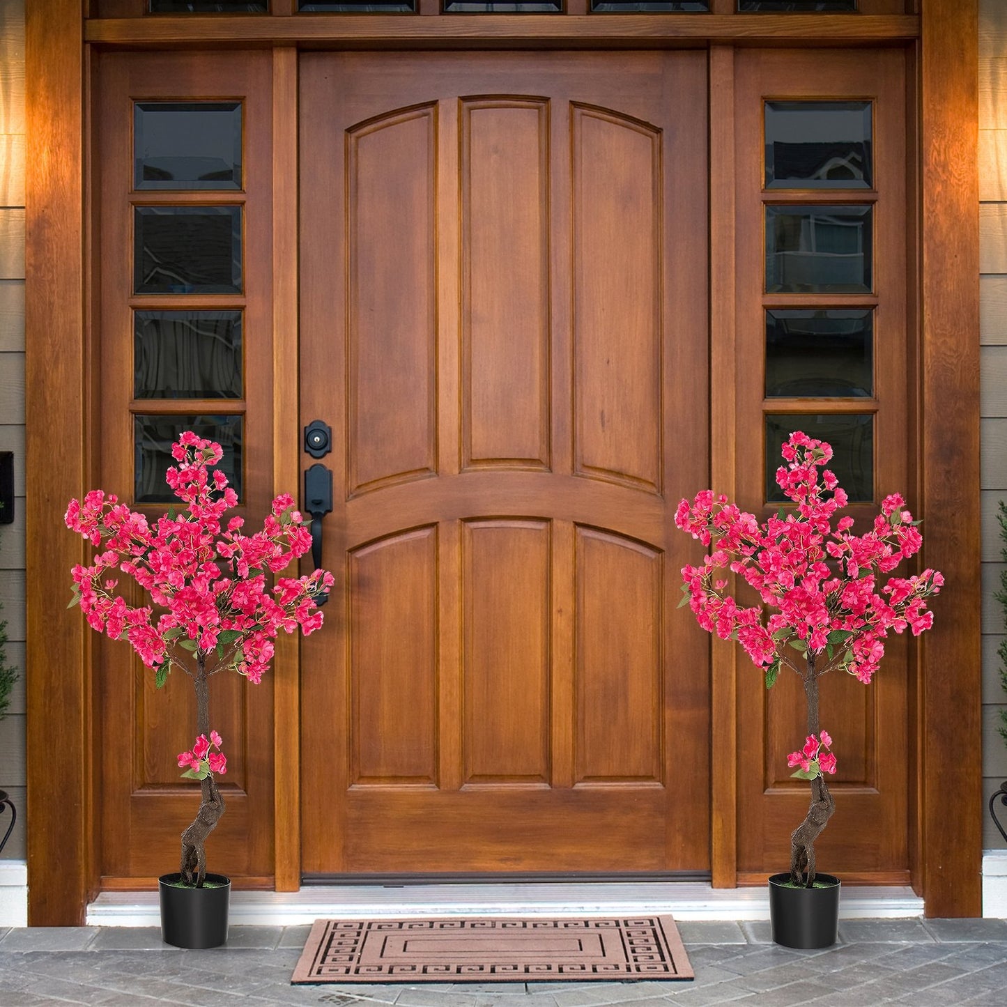 2 Pack 41 Inch Artificial Plum Blossom Tree Fake Floral Plant with 92 Flowers-Red
