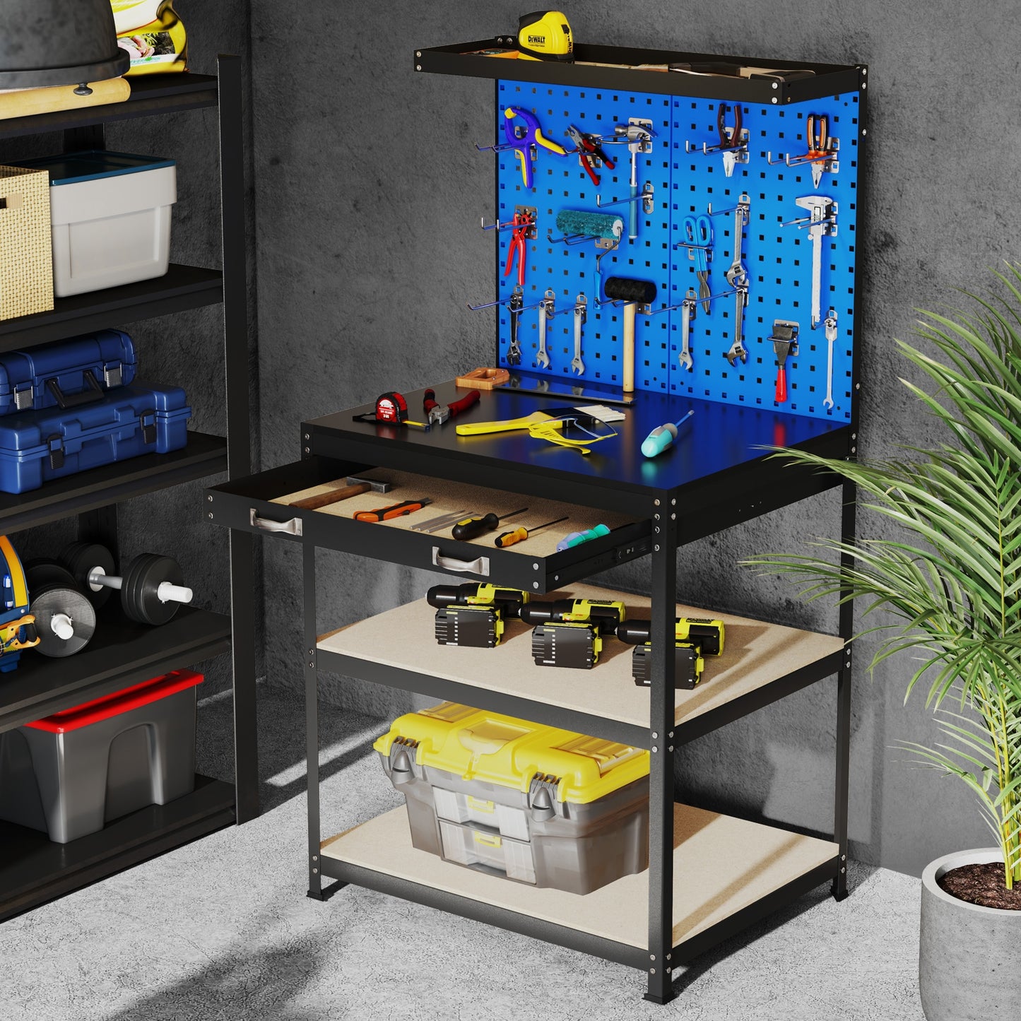 32 x 16 Inch Workbench Work Table with 2 PCs Pegboard Drawer and Shelves-Black