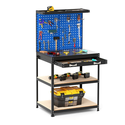 32 x 16 Inch Workbench Work Table with 2 PCs Pegboard Drawer and Shelves-Black
