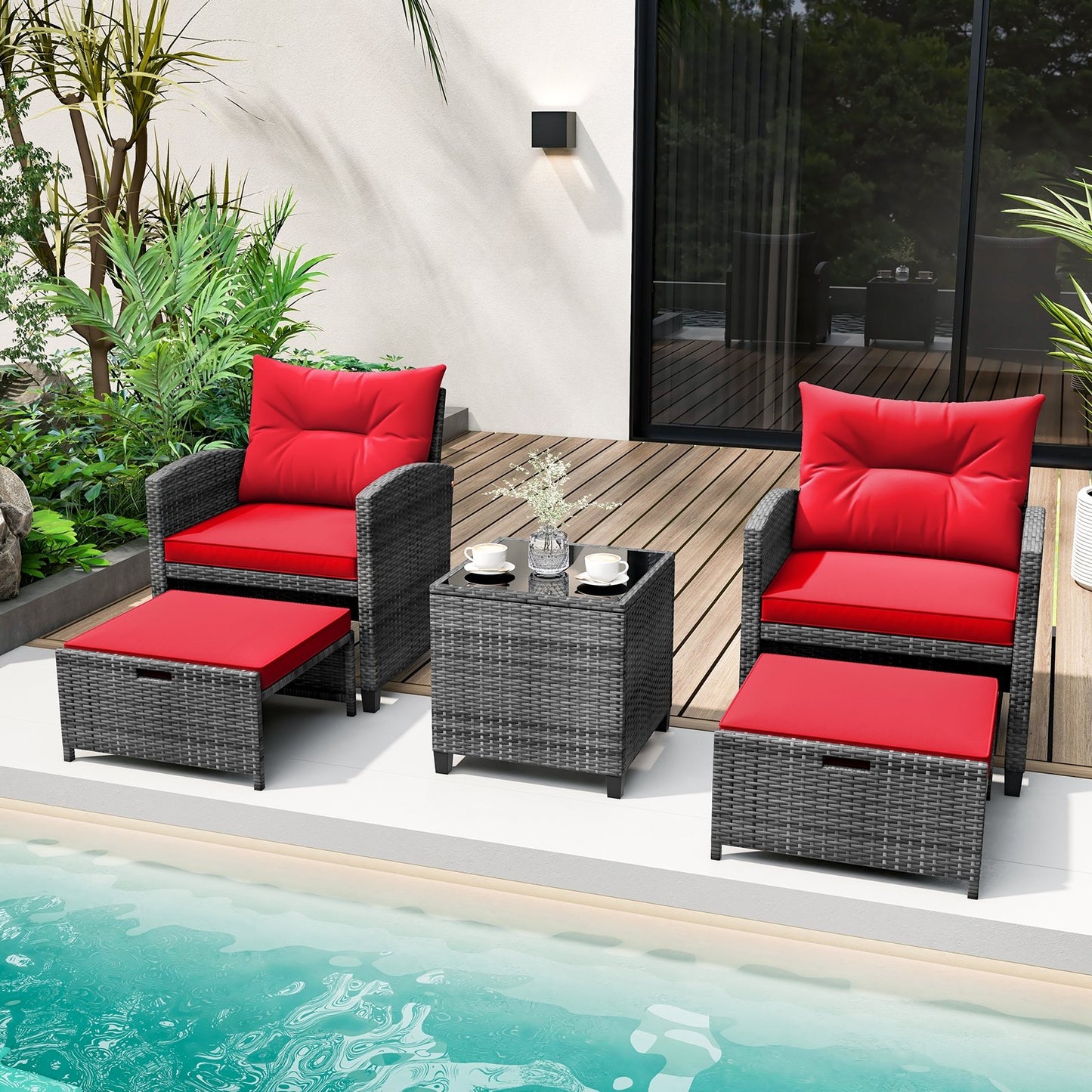 5 Piece Patio Rattan Furniture with 2 Ottomans and Tempered Glass Coffee Table-Beige