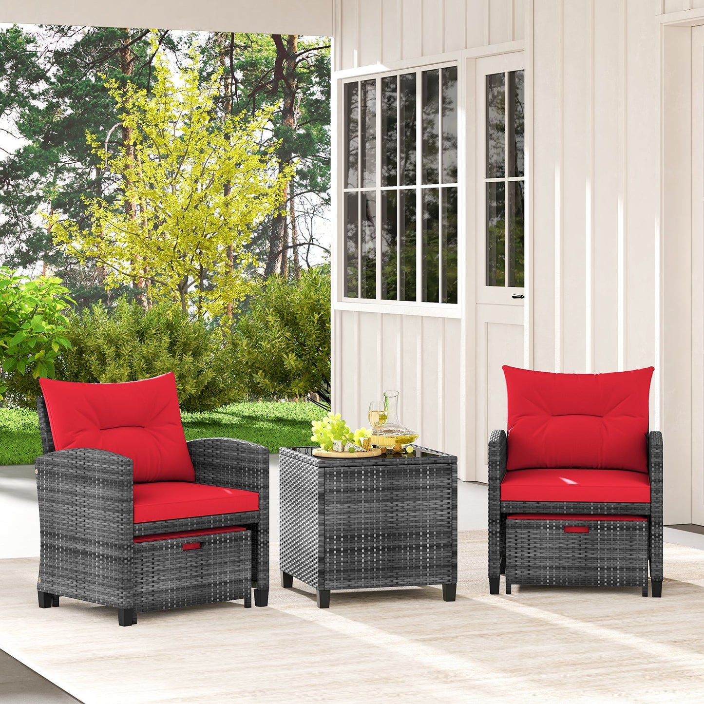 5 Piece Patio Rattan Furniture with 2 Ottomans and Tempered Glass Coffee Table-Beige