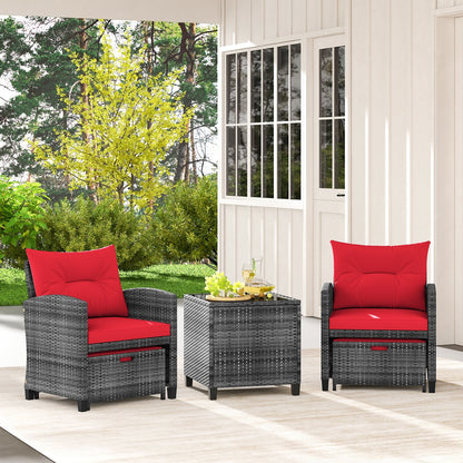 5 Piece Patio Rattan Furniture with 2 Ottomans and Tempered Glass Coffee Table-Beige