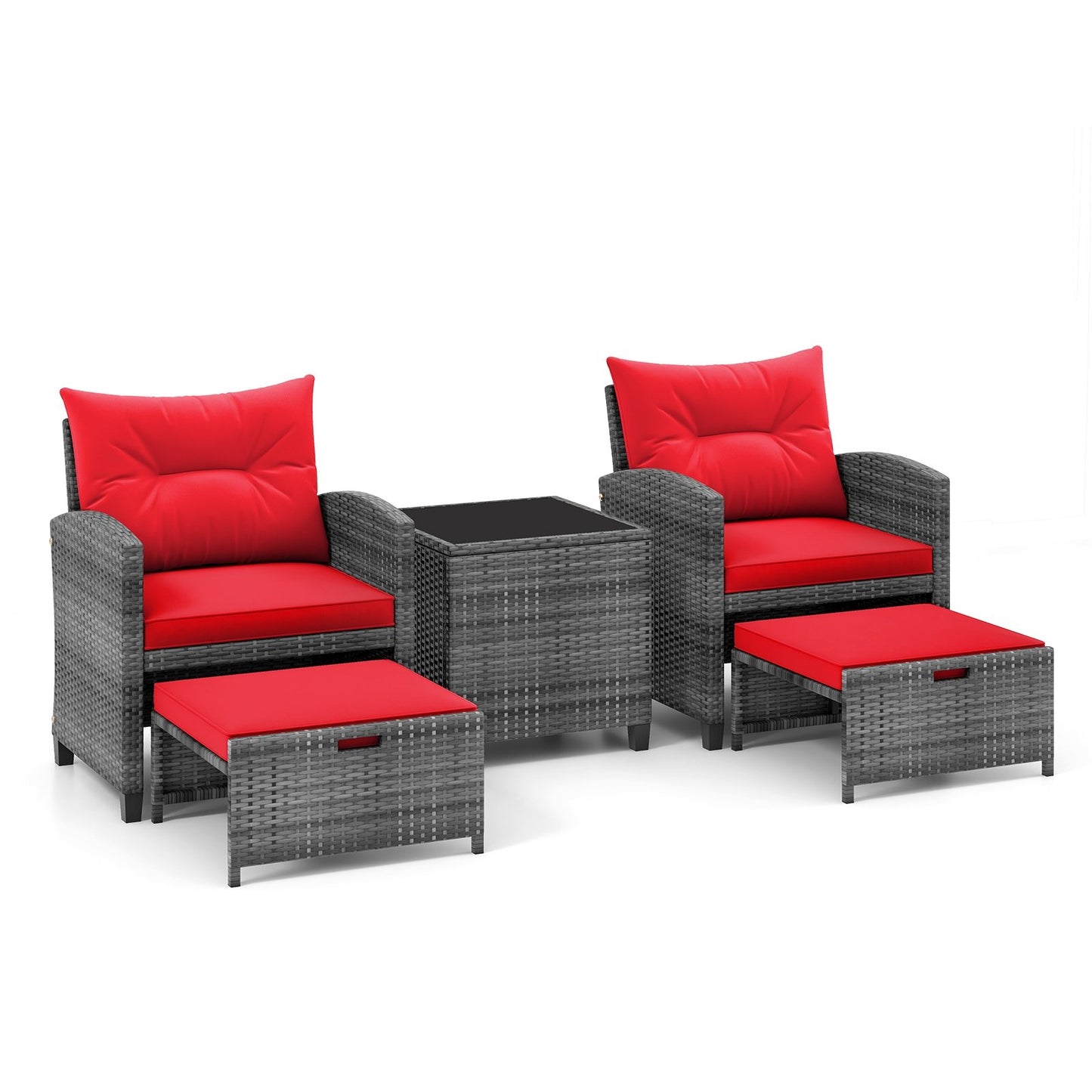 5 Piece Patio Rattan Furniture with 2 Ottomans and Tempered Glass Coffee Table-Beige