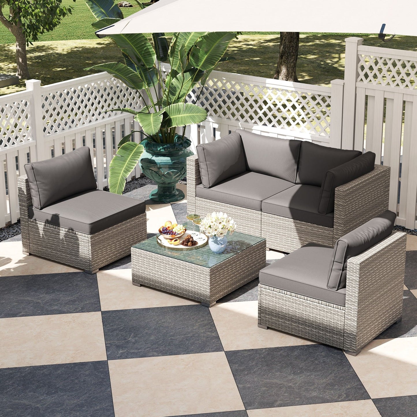 5-Piece Outdoor Patio Sectional Sofa Couch and Glass Coffee Table with Cushions-Black