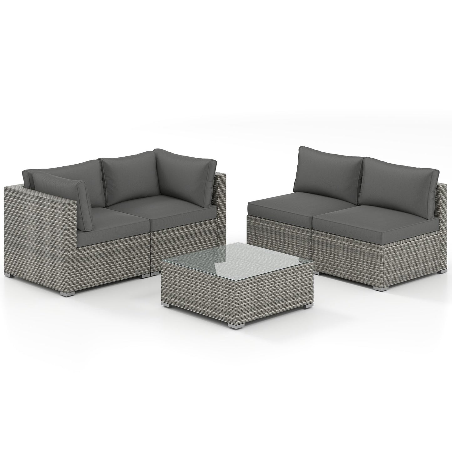 5-Piece Outdoor Patio Sectional Sofa Couch and Glass Coffee Table with Cushions-Black