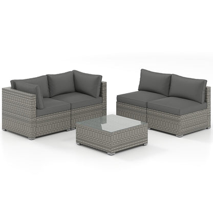 5-Piece Outdoor Patio Sectional Sofa Couch and Glass Coffee Table with Cushions-Black