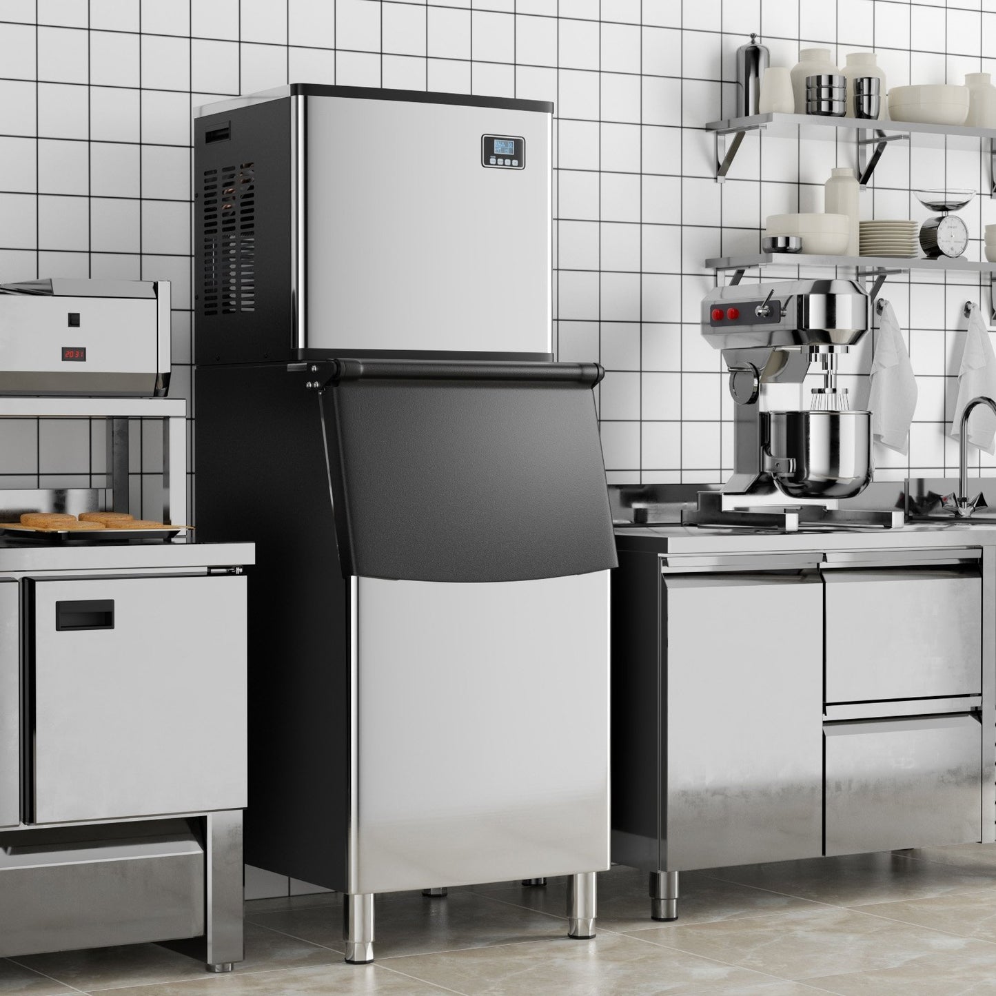 Commercial Ice Maker Machine 418 LBS/24H with 200 LBS Storage Bin-Silver