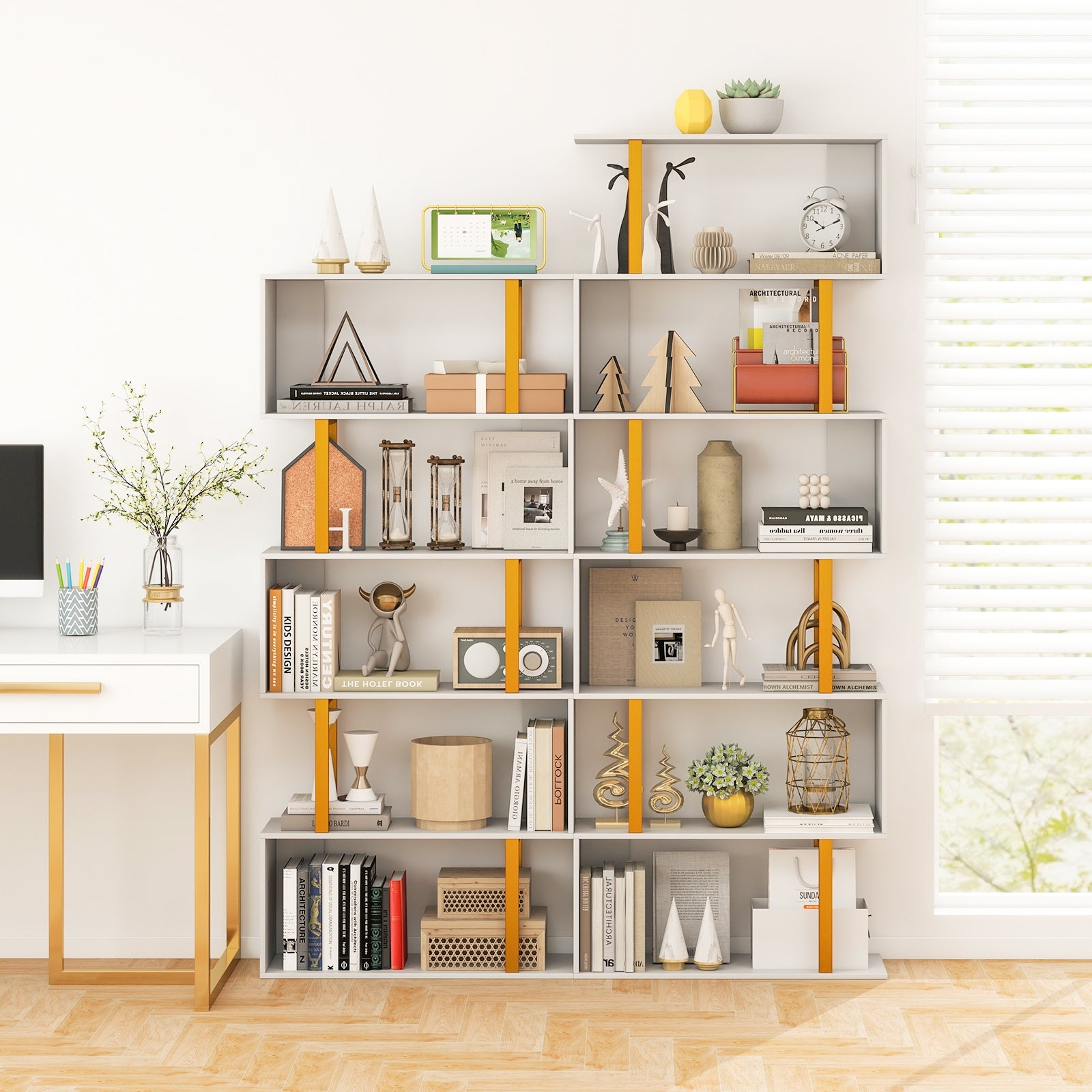 5-tier geometric bookcase with metal frame and anti-tipping kits, modern home office furniture by Wilsons Home Store