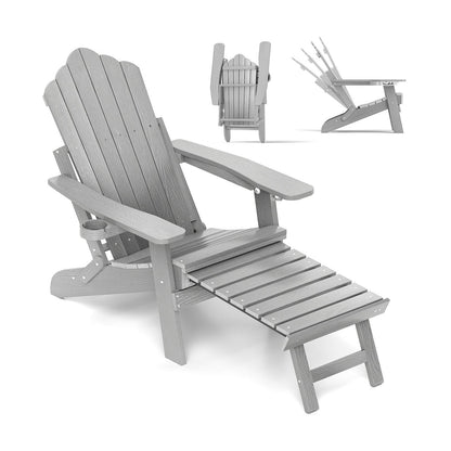 All-Weather HIPS Patio Adirondack Lounge Chair with Retractable Footrest-Black