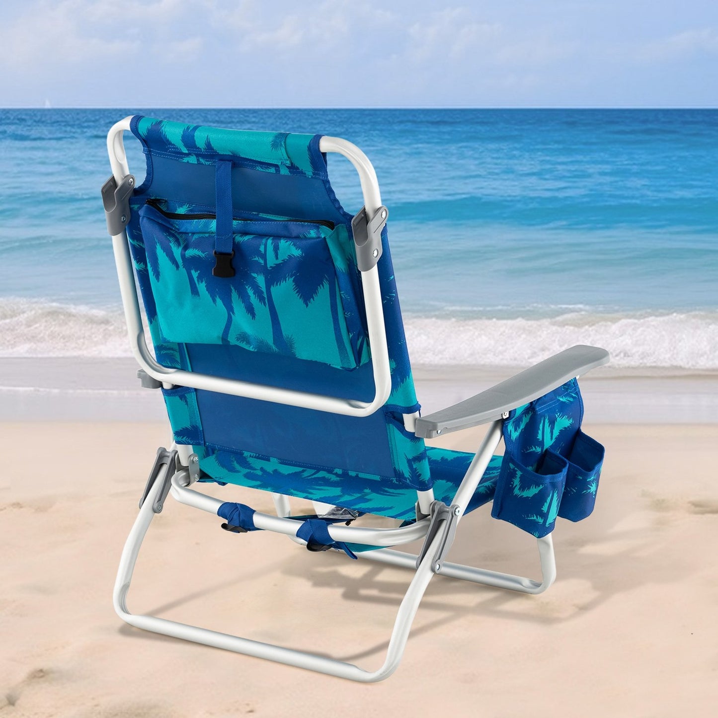 2-Pack Folding Backpack Beach Chair 5-Position Outdoor Reclining Chairs with Pillow-Blue