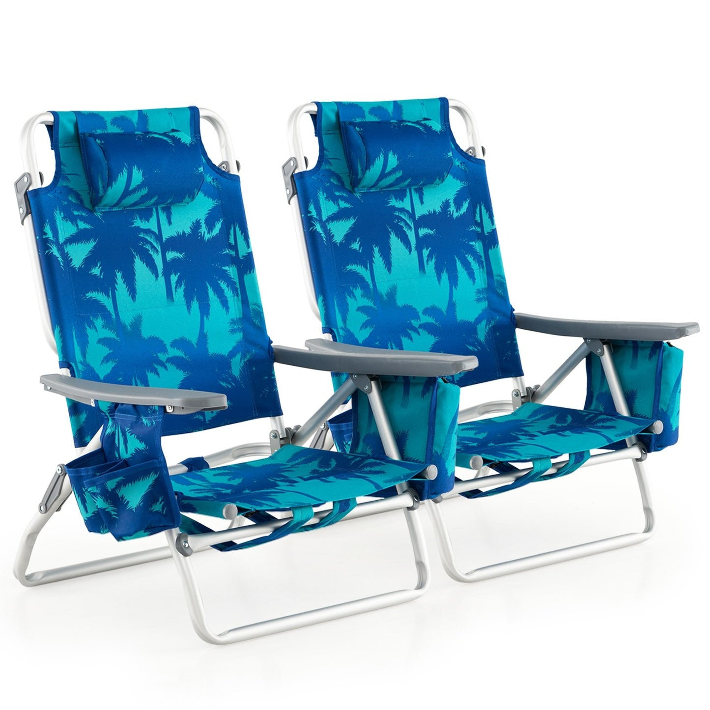 2-Pack Folding Backpack Beach Chair 5-Position Outdoor Reclining Chairs with Pillow-Blue