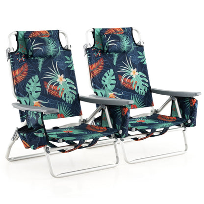 2-Pack Folding Backpack Beach Chair 5-Position Outdoor Reclining Chairs with Pillow-Blue