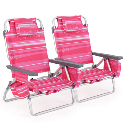 2-Pack Folding Backpack Beach Chair 5-Position Outdoor Reclining Chairs with Pillow-Blue
