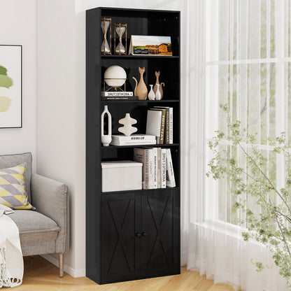 71 Inch Freestanding Bookshelf with 6 Shelves and 2-Door Cabinet-Black