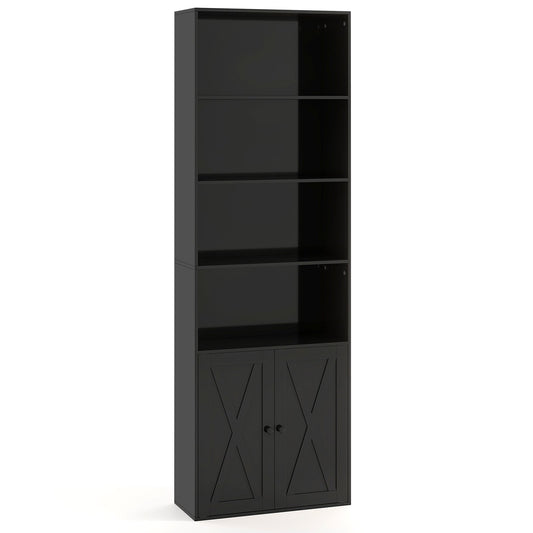 71 Inch Freestanding Bookshelf with 6 Shelves and 2-Door Cabinet-Black