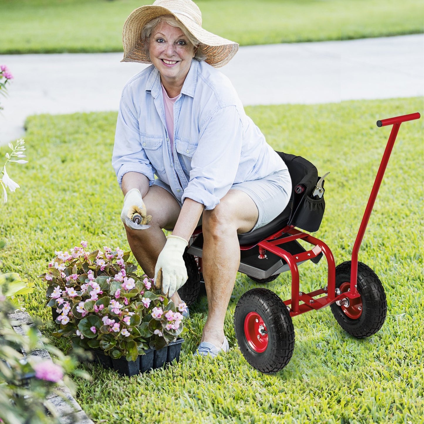 Rolling Garden Cart with Height Adjustable Swivel Seat and Storage Basket-Blue