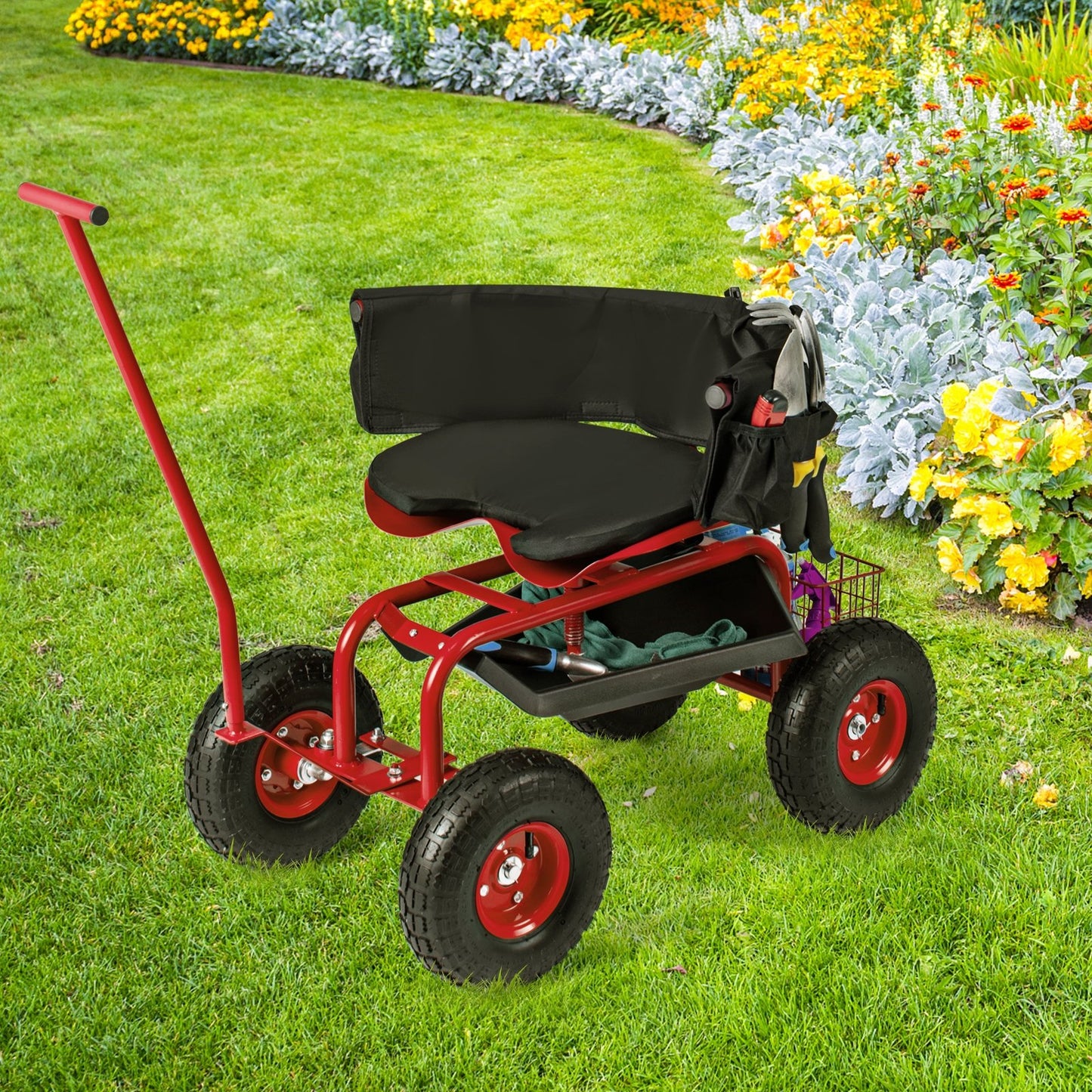 Rolling Garden Cart with Height Adjustable Swivel Seat and Storage Basket-Blue