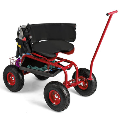 Rolling Garden Cart with Height Adjustable Swivel Seat and Storage Basket-Blue
