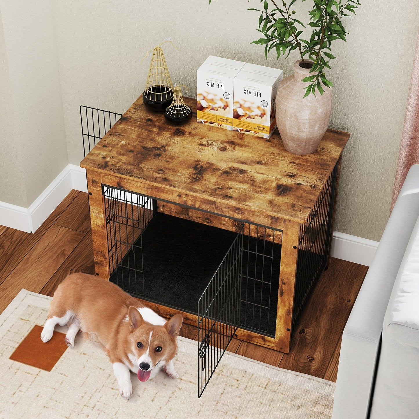 Dog Crate Furniture with Cushion and Double Doors for Small/Medium Dogs-33 Inches