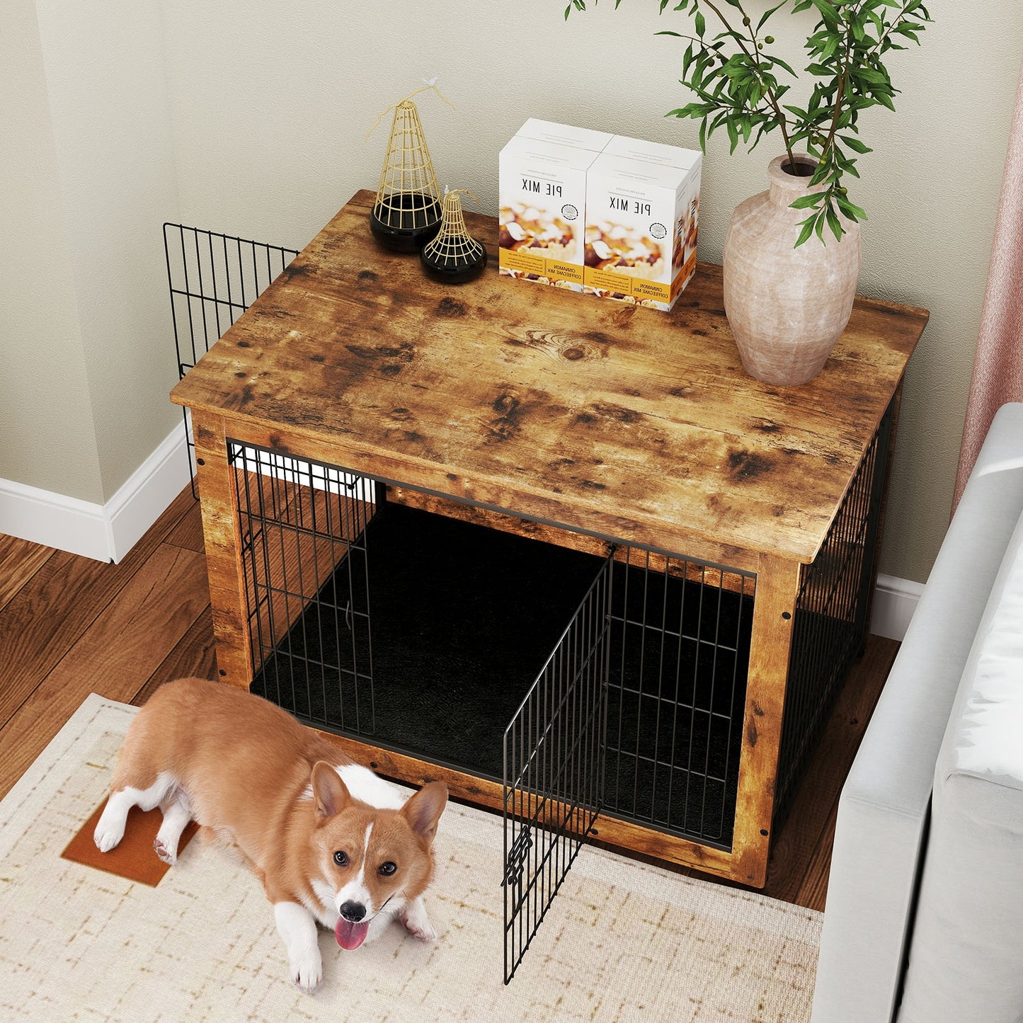 Dog Crate Furniture with Cushion and Double Doors for Small/Medium Dogs-33 Inches
