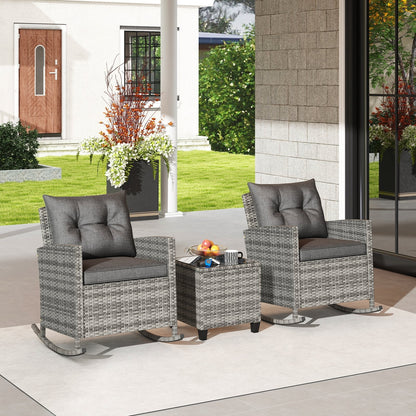 3-Piece Patio Rattan Roker Chairs with Tempered Glass Table and Soft Cushions-Beige