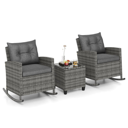 3-Piece Patio Rattan Roker Chairs with Tempered Glass Table and Soft Cushions-Beige