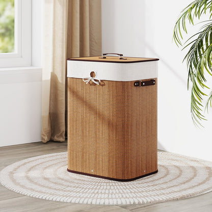 Rectangle Bamboo Hamper Laundry Basket Washing Cloth Bin Storage Bag with Lid-Black