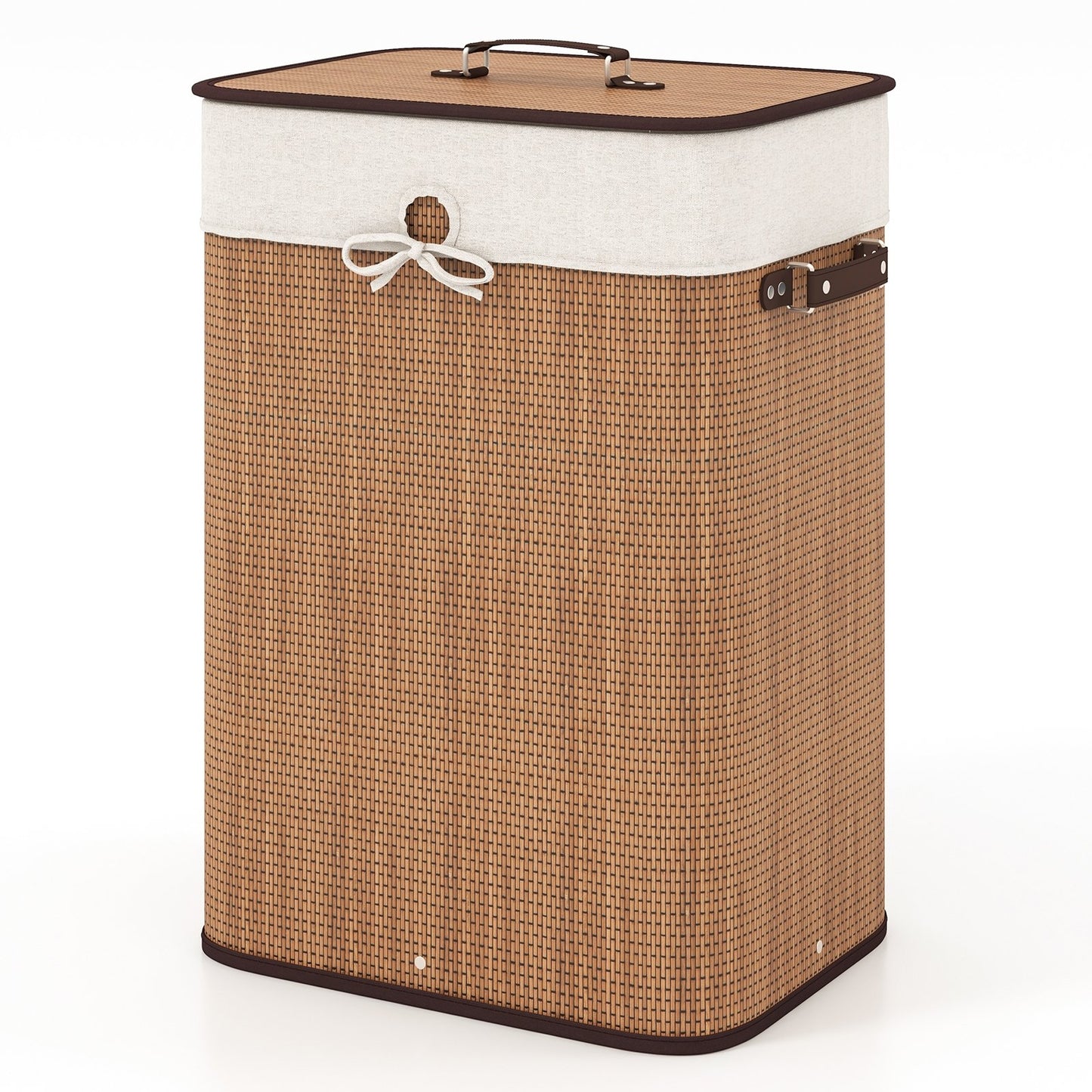 Rectangle Bamboo Hamper Laundry Basket Washing Cloth Bin Storage Bag with Lid-Black