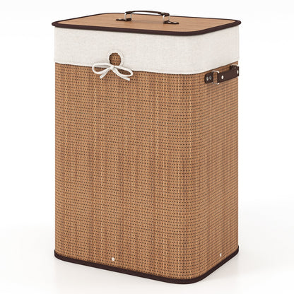 Rectangle Bamboo Hamper Laundry Basket Washing Cloth Bin Storage Bag with Lid-Black