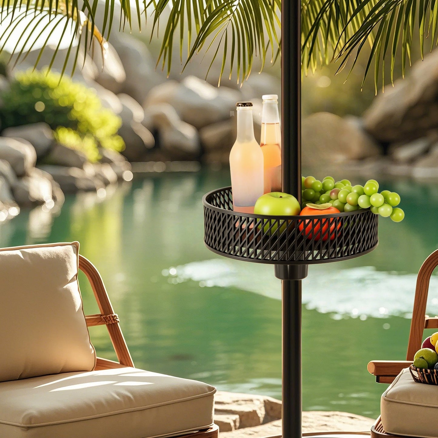 Patio Umbrella Table Tray Adjustable with Storage and Umbrella Poles-Black