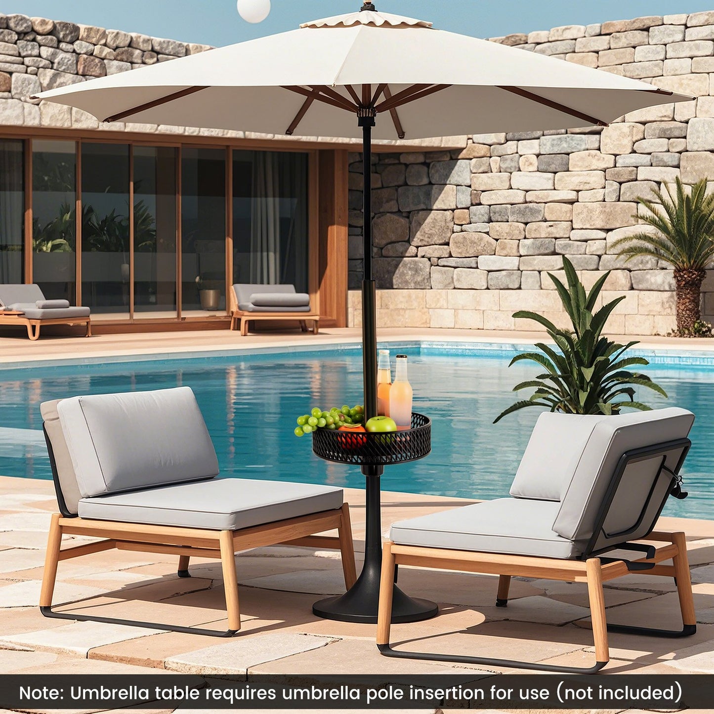 Patio Umbrella Table Tray Adjustable with Storage and Umbrella Poles-Black